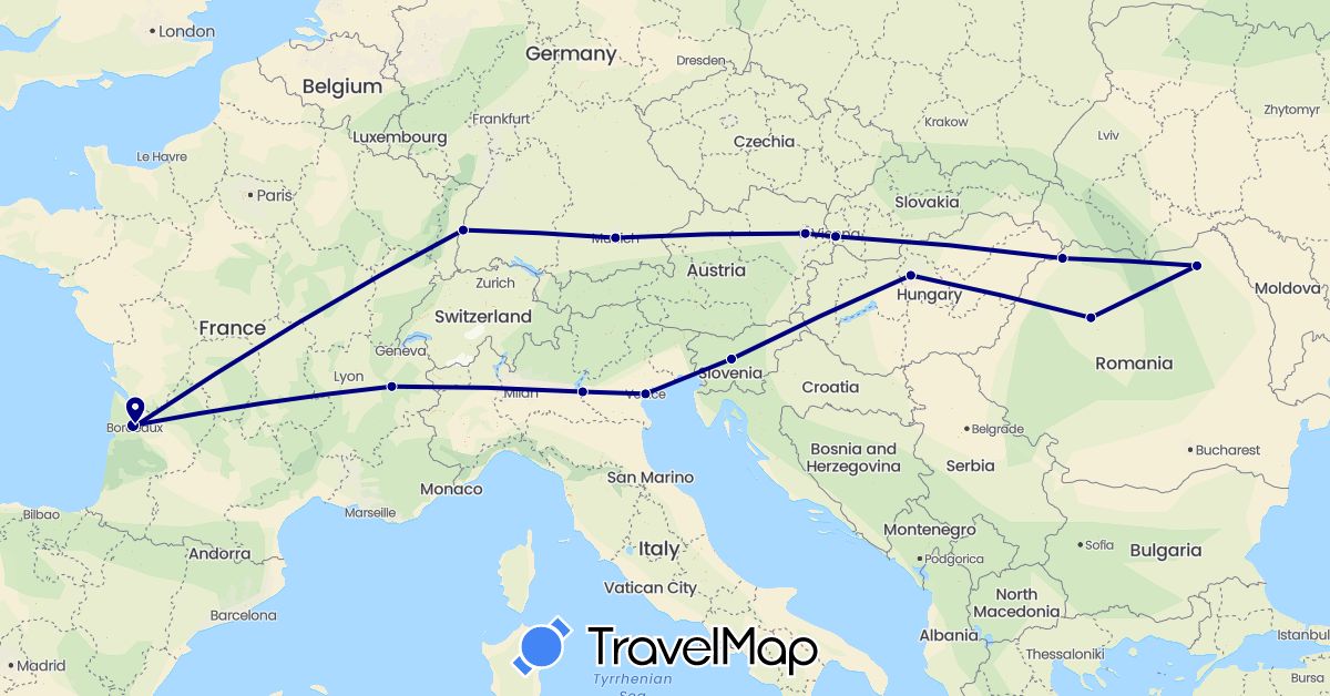 TravelMap itinerary: driving in Austria, Germany, France, Hungary, Italy, Romania, Slovenia, Slovakia (Europe)